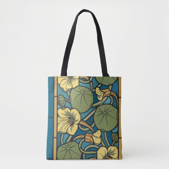 Bolso De Tela Patrón Nouveau de flor de nasturcio amarillo azul (Anverso)