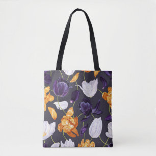Bolso De Tela Patrón oscuro de tulipanes dibujados a mano
