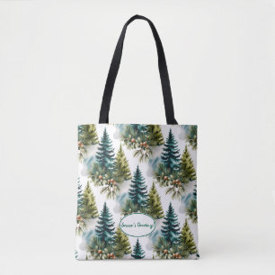 Bolso De Tela Patrón Pino de color de agua Elegante Invierno