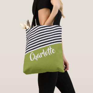 Bolso De Tela Patrón rayado blanco negro verde personalizado