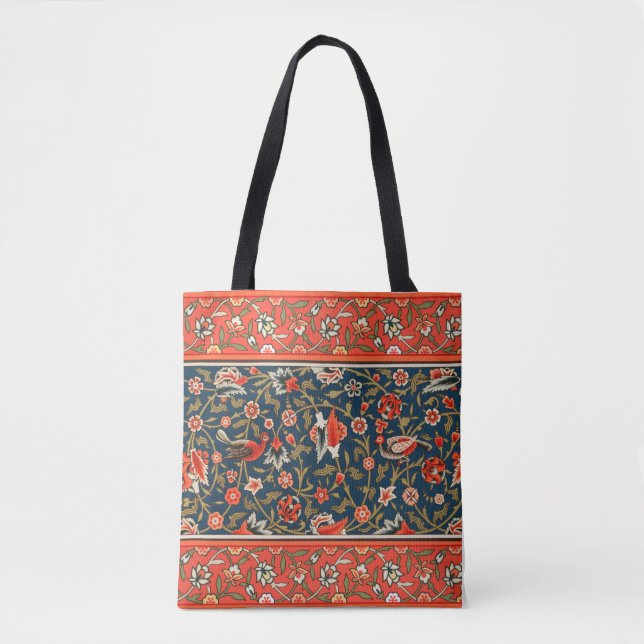 Bolso De Tela Patrón rojo azul pájaro y flor (Anverso)