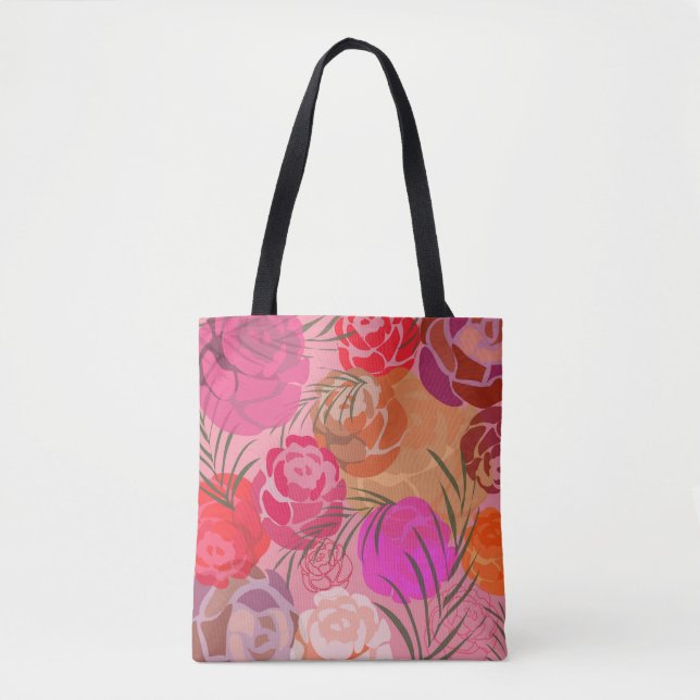 Bolso De Tela Patrón rosa con flores y plantas (Anverso)