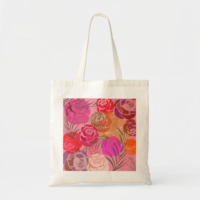 Bolso De Tela Patrón rosa con flores y plantas (Frente)