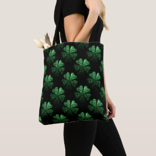 Bolso De Tela Patrón Shamrock oscuro verde brillante sobre negro