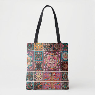 Bolso De Tela Patrón sin brillo con mandalas decorativas. Vintag