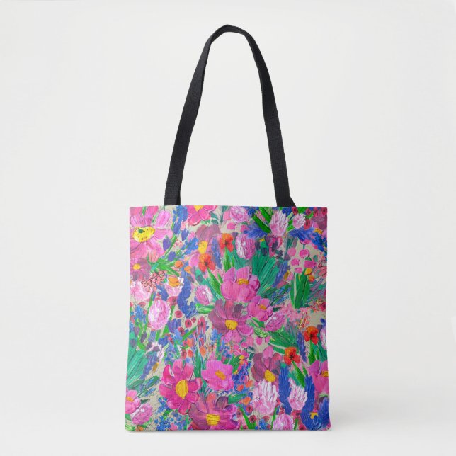 Bolso De Tela Patrón sin foco con bellas flores. Acuarela (Anverso)