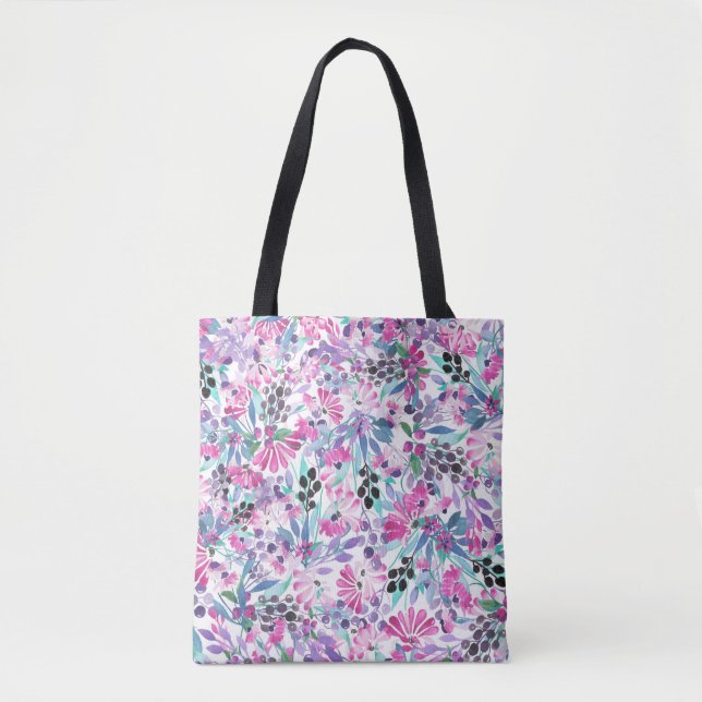 Bolso De Tela Patrón sin foco de flores y bayas púrpura, blu (Anverso)