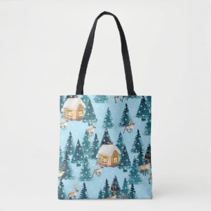 Bolso De Tela Patrón sin mar con aldea de invierno en el bosque