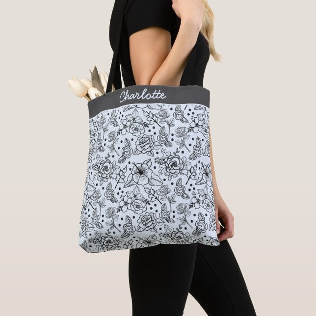 Bolso De Tela Patrón sin soldadura floral en blanco y negro con  (Detalle)