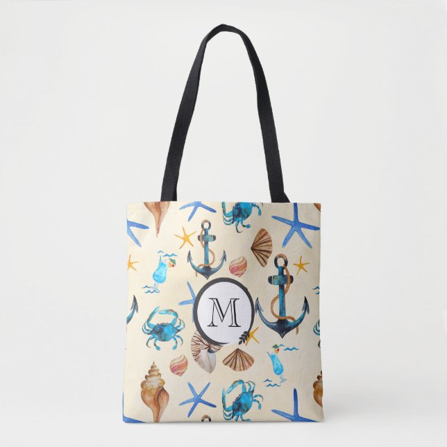 Bolso De Tela Patrón Temático Monograma De La Playa Y La Vida Ma (Anverso)