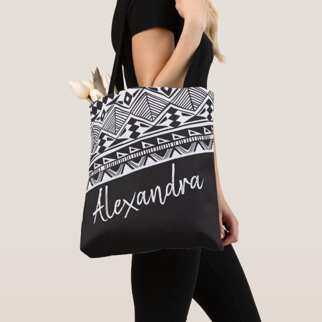 Bolso De Tela Patrón tribal gris oscuro personalizado (Detalle)