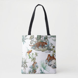 Bolso De Tela Patrón tropical acuarela con un animal leopardo,