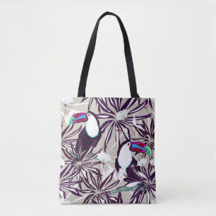 Bolso De Tela Patrón tropical con palmeras y aves.