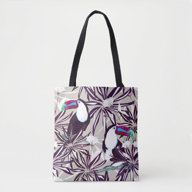 Bolso De Tela Patrón tropical con palmeras y aves. (Anverso)