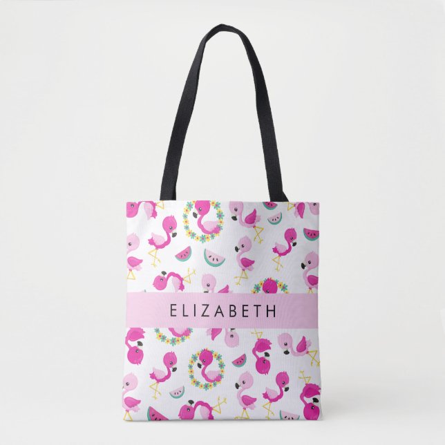 Bolso De Tela Patrón tropical, flamencos, flores, tu nombre (Anverso)