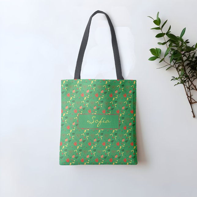 Bolso De Tela Patrón verde flores silvestres Tote de amapola roj (Subido por el creador)