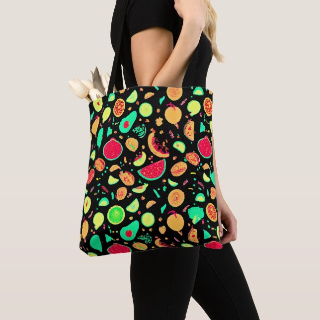 Bolso De Tela Patrón vibrante de frutas de neón (Detalle)