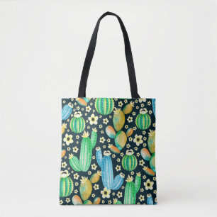 Bolso De Tela Patrón vintage con suculentos. Cactus acuarela