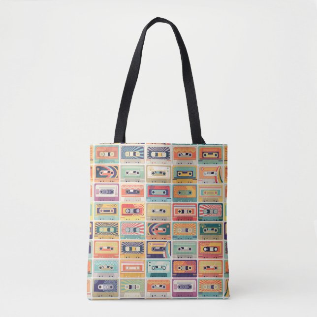 Bolso De Tela Patrón vintage de cintas de cassette retro. (Anverso)
