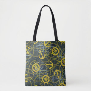 Bolso De Tela Patrón vintage náutico, ancla y mapa.