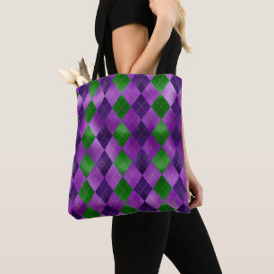 BOLSO DE TELA PATRONES DE DIAMANTES PURPLE & VERDE MARDI GRAS