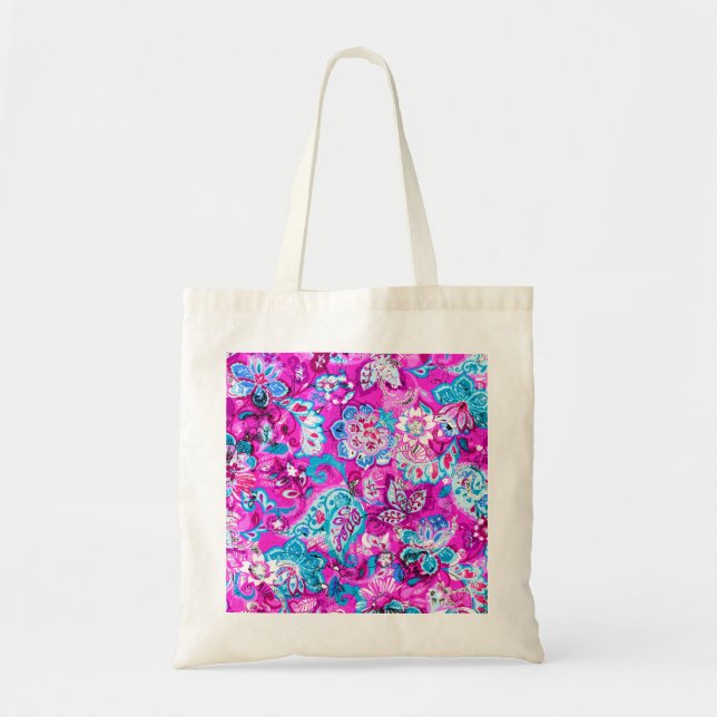 Bolso De Tela Patrones de flores rosadas azules (Frente)