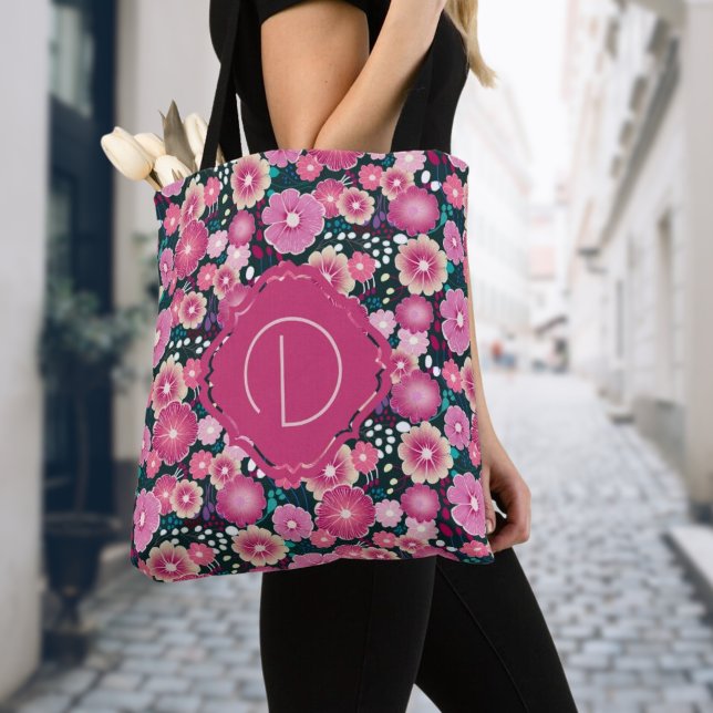 Bolso De Tela Patrones florales negrita Tote ondulado rosado (Add the first letter of your name on this bold flower pattern tote bag)