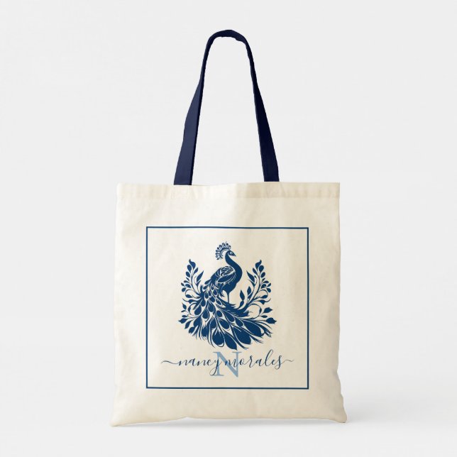 Bolso De Tela Pavo de pavo real azul elegante | caligrafía moder (Reverso)