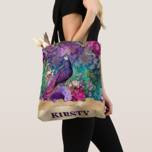 Bolso De Tela Pavo real y flores ilustrados vintage con grunge
