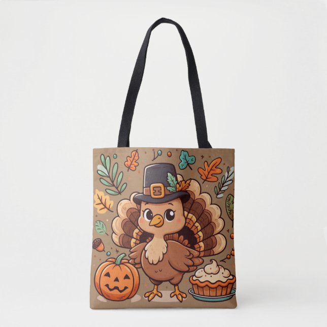 Bolso De Tela Pavo y calabaza Personalizado lindo Día de Acción  (Anverso)