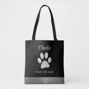Bolso De Tela Paw de perro plateado sobre fondo negro
