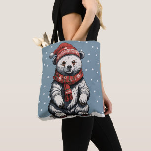 Bolso De Tela Payaso de oso con Beanie y bufanda en caída de nie