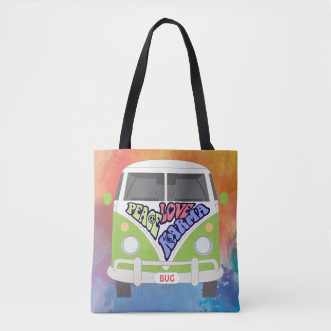 Bolso De Tela Paz, amor, Karma, Hippy, acuarela arcoiris (Anverso)