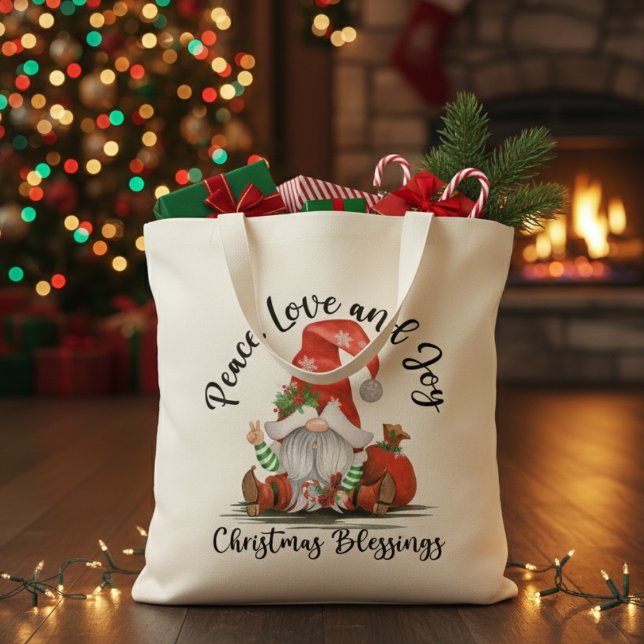 Bolso De Tela Paz, amor y alegría Navidades Gnome Blesss (Peace, Love & Joy Christmas Gnome Blessings Tote Bag)