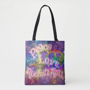 Bolso De Tela Paz, Amor y Rock 'n Roll   Boho Hippie Brillante