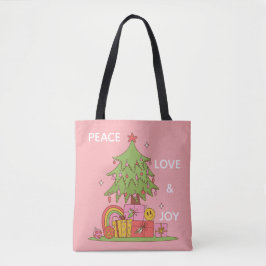 Bolso De Tela Paz rosa, amor y alegría retro árbol de Navidad