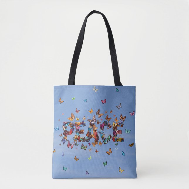 Bolso De Tela PEACE Blue Sky Butterflies | Motivational Hope Joy (Anverso)
