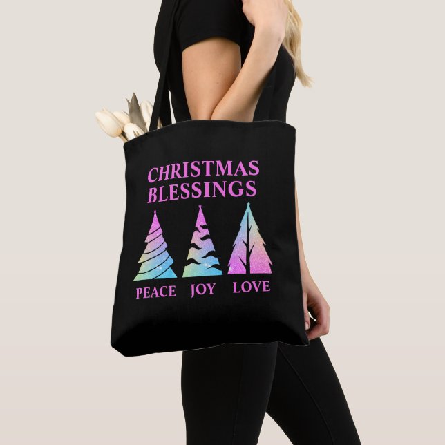 Bolso De Tela Peace Joy Love Christmas Trees Personalizable Text (Detalle)