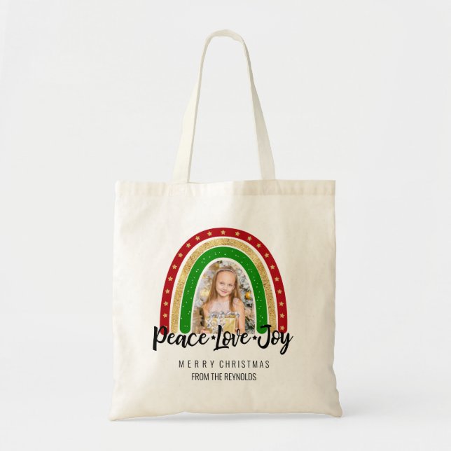 Bolso De Tela Peace Love Joy Merry Christmas Rainbow Photo (Frente)