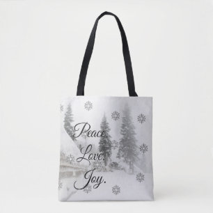 Bolso De Tela Peace Love Joy Navidades negros y blancos de nev