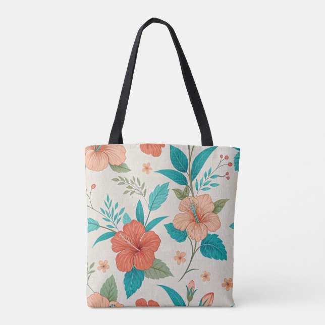 Bolso De Tela Peach Hibiscus Floral (Reverso)