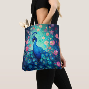 Bolso De Tela Peacock - Flores de Aqua Verde Azul y Flores Rosa
