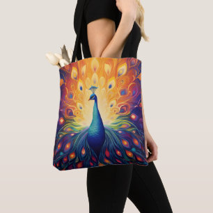 Bolso De Tela Peacock - Naranja rosa azul verde plumas amarillas