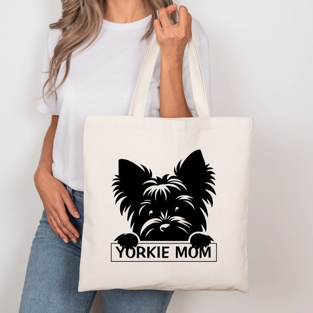Bolso De Tela Peeking Yorkie Black Silhouette Yorkie Mom (Subido por el creador)