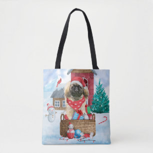 Bolso De Tela Pekingese Dog In snow Christmas Dog House