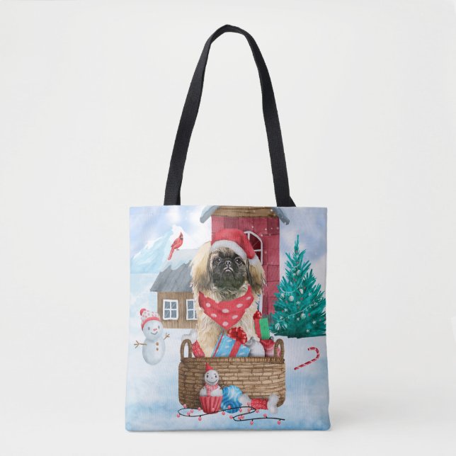 Bolso De Tela Pekingese Dog In snow Christmas Dog House (Anverso)