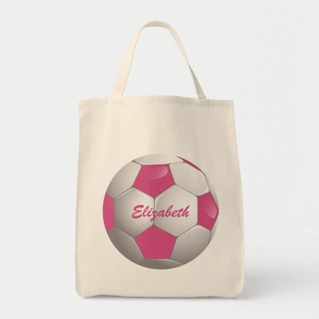 Bolso De Tela Pelota de fútbol de personalizable rosa y blanca (Frente)
