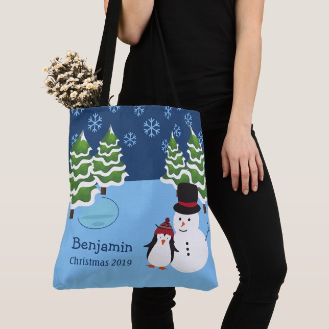 Bolso De Tela Penguin y Navidades Snowman de vacaciones en invie (Detalle)