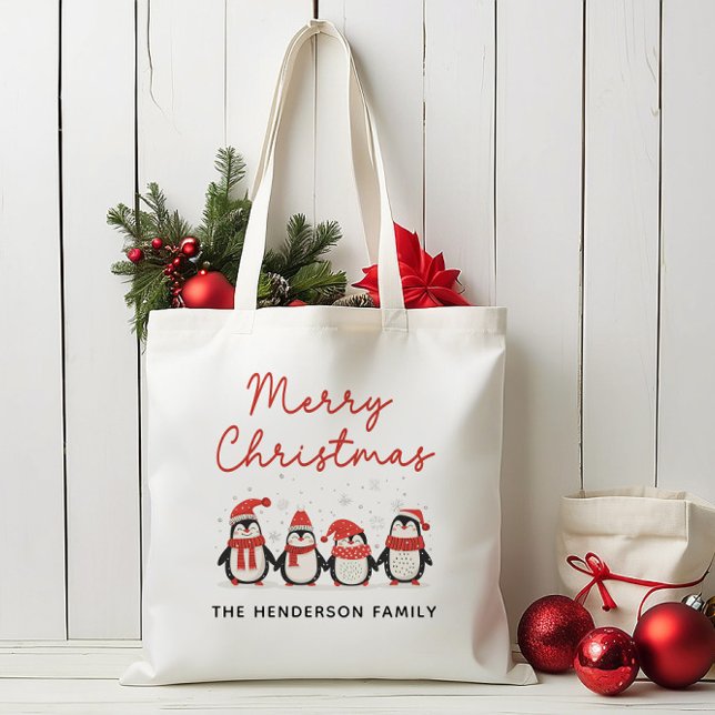 Bolso De Tela Penguins Nombre personalizado Feliz Navidad (Subido por el creador)