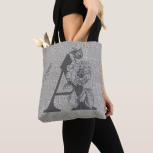 Bolso De Tela Peonía de plata Elegante Monograma Inicial A Nombr